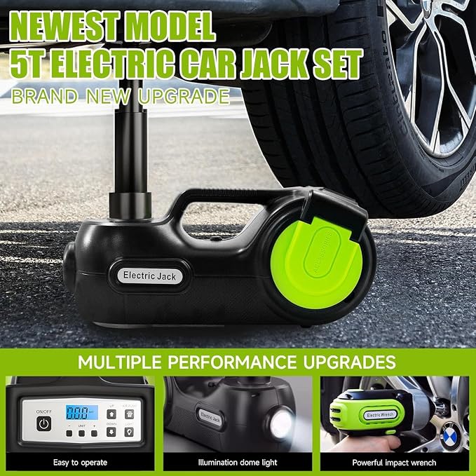 Electric Car Jack Kit 5 ton 12V Hydraulic Car Jack Lift (Lifting Range: 5.3-14.17inches) with Impact Wrench Inflator Pump for Car SUV Sedan MPV, LCD Display and Tire Pressure Monitor