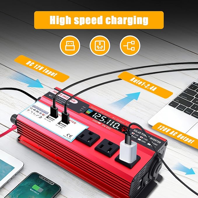 1000W Peak Power Inverter 12V DC Volt to 110V AC Car Inverter with LCD Screen Display, 3 AC Outlets, 4X 2.4A USB Port, Car Power Converter for Truck, Home, Vehicles, Laptop, Trip