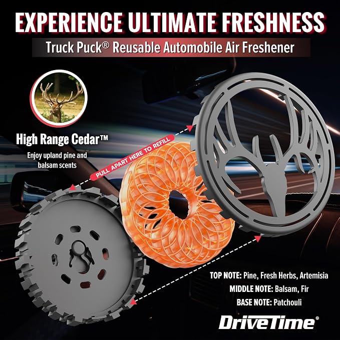 Truck Puck High Range Cedar Fragrancee Car Air Freshener – Long-Lasting Car Deodorizer, Refillable Vent & Visor Clip Auto Air Freshener for Car, Truck & SUV, Premium Fragrance, Pack of 3