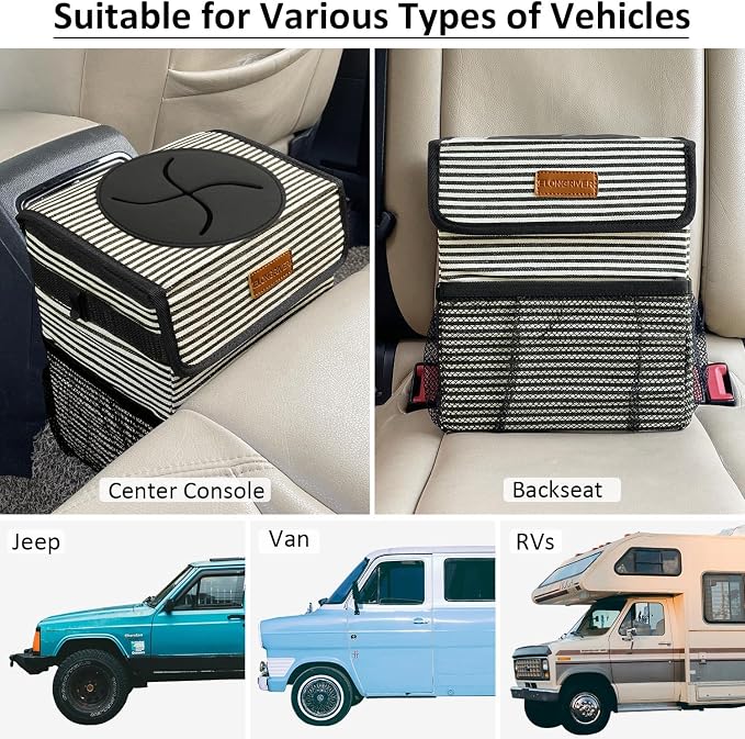 Car Trash Can for Car with Lid, Car Organizer Can Trash Bag Hanging Leak Proof Vehicle Trash Can (Stripe Print, 2 Gallons)
