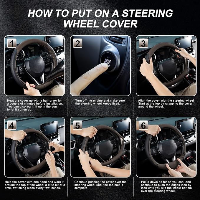 Steering Wheel Cover for 14.5-15 inch Wheels, Breathable PU Leather with Perforated Sides, Anti-Slip Grip, Universal Fit for Cars & SUVs, Black and Brown