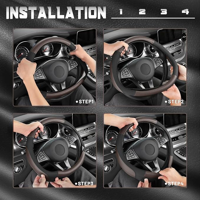 Steering Wheel Cover for Car, Standard Size 14.5-15 inch, Auto Interior Accessories, Black and Dark Brown
