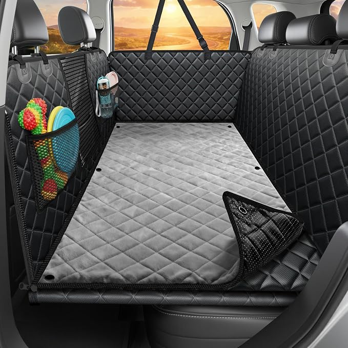 2026 Upgraded Back Seat Extender for Dogs - Large Hard Bottom Dog Car Seat Cover Holds 550lbs, Waterproof Dog Hammock Pet Bed with High-Density Foam Non-Slip Backseat Protector