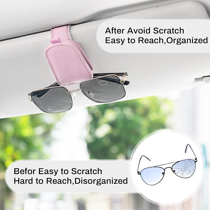 Sunglasses Holder for Car, Leather Magnetic Buckle Sun Visor Sunglass Clip, Ticket Card Storage Glasses Clip, Car Interior Accessories for Men and Women（Pink）