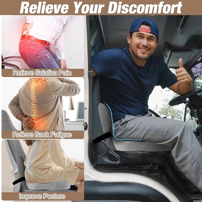 Truck Seat Cushion, Memory Foam Trucker Seat Cushion for Truck Driver Long Sitting with Adjustable Strap, Back Support and Pain Relief for Trucker Driving Car Office Chair and Pain