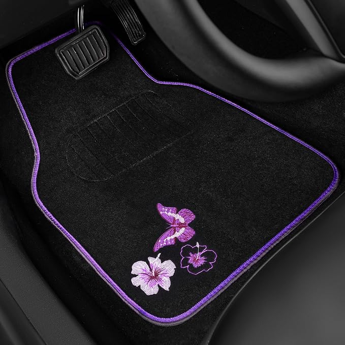 Embroidery Butterfly and Flower Car Floor Mats, Purple Car Floor Mats, Universal Fit 95% Automotive,SUVS,Sedan,Vans,for Women,Girly,Set of 4(Black with Purple)