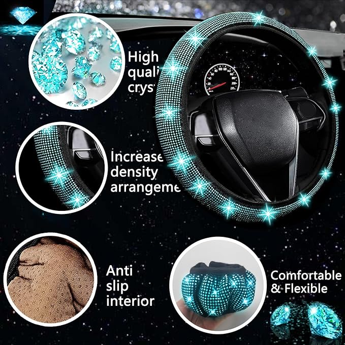 27 PCs Aquamrine Bling Car Accessories Set for Women, Steering Wheel Covers Universal Fit 15 Inch, Bling License Plate Frame, Bling Phone Holder, Bling Car Coasters (Aquamrine Diamond)