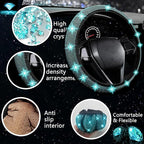 27 PCs Aquamrine Bling Car Accessories Set for Women, Steering Wheel Covers Universal Fit 15 Inch, Bling License Plate Frame, Bling Phone Holder, Bling Car Coasters (Aquamrine Diamond)