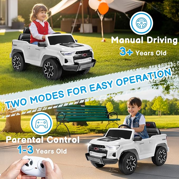 Licensed Chevrolet Colorado Electric Car for Kids, 12V Ride on Toys for Toddlers with Remote Control, Battery Powered Electric Car Ride On Vehicle w/Bluetooth, Soft Start, LED Lights - White
