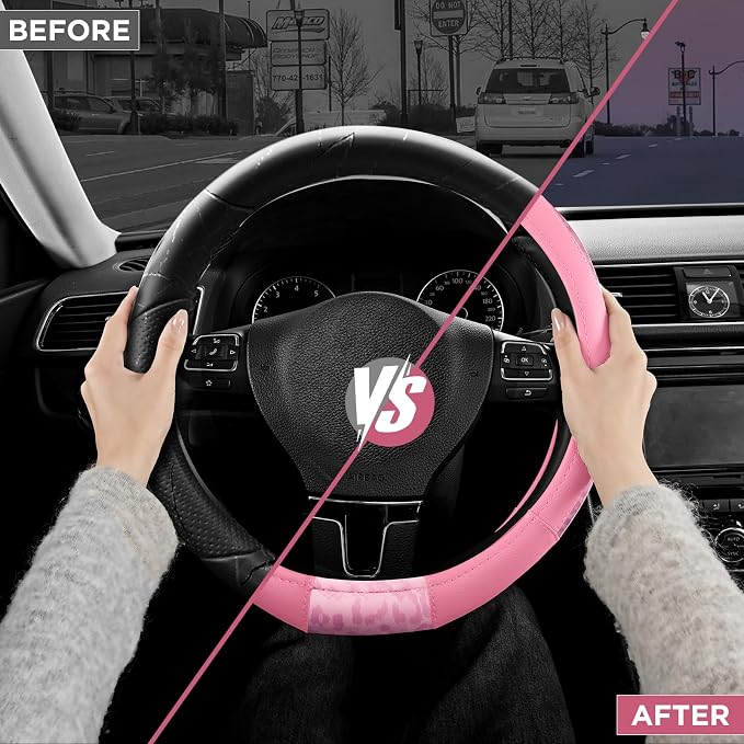 Steering Wheel Cover - Flat Bottom Wheel Cover Made with PVC Leather and Leopard Fabric - Universal Fit for 15-Inch D-Shaped Automotive Steering Wheels (All Pink)