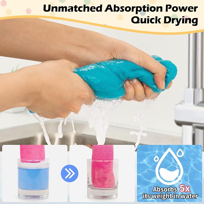 Microfiber Cleaning Cloth, 50 Pack Cleaning Rags, Cleaning Towels for Housekeeping, Kitchen, Car, Lint-Free, Reusable Shop Towels with 5 Colors (Green/Blue/Yellow/Orange/Pink), 12"X12"