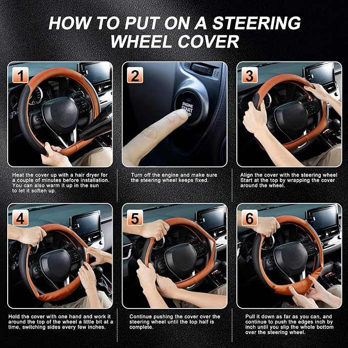 D Shaped Steering Wheel Cover for 14.5-15 inch Flat Bottom Wheels, Breathable Perforated Microfiber Leather, Anti-Slip Grip, Universal Fit for Cars & SUVs, Black and Orange