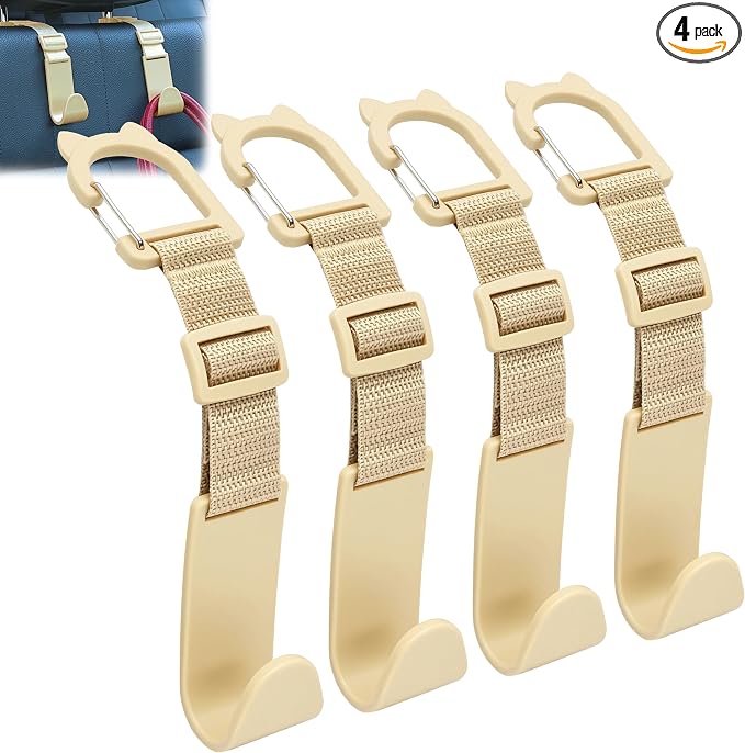 Car Headrest Hooks 4 Pack Adjustable Universal Fit Auto Seat Back Organizer Storage Hanger Purse Bags Holder with Clip Beige