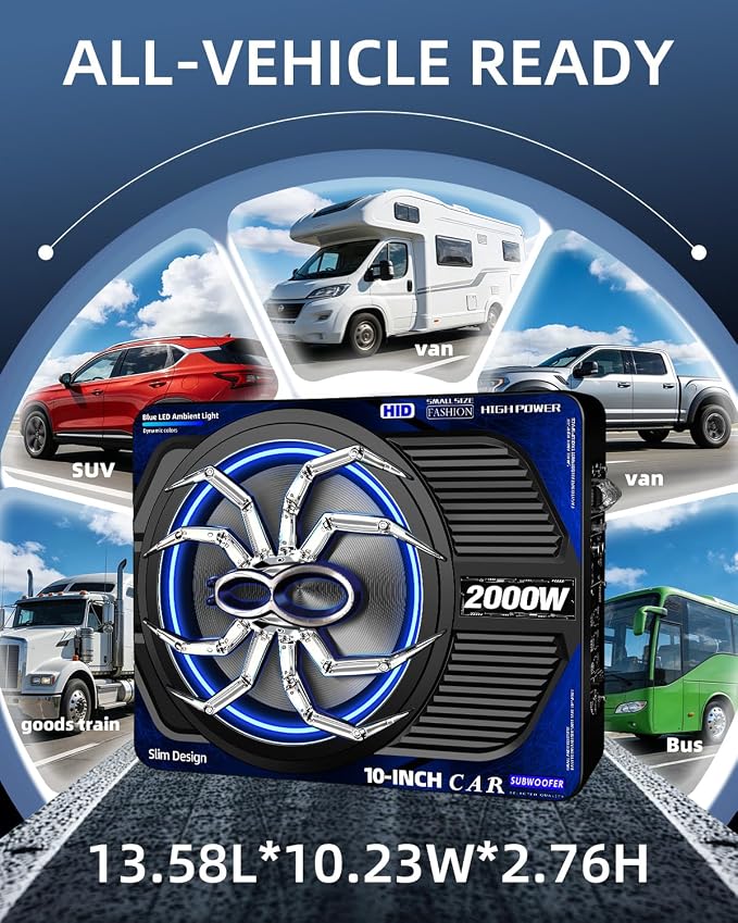 2000W 10 Inch Underseat Car Subwoofer and Amp Package, Slim Powered Under Seat Sub with Built-in Class D Amp and DSP, Blue LED Switch, Low Pass Filter, Bass Boost for Truck SUV