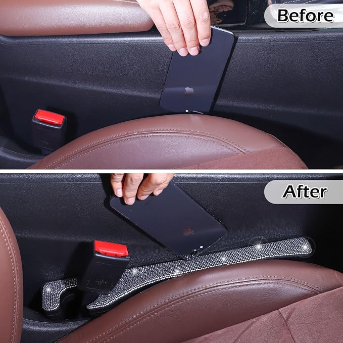 Bling Car Seat Gap Filler, 2 Pack Universal Fit for Car SUV Truck Handmade Crystal Rhinestone Diamond Car Gap Filler Bling Car Accessories for Women(Silver)