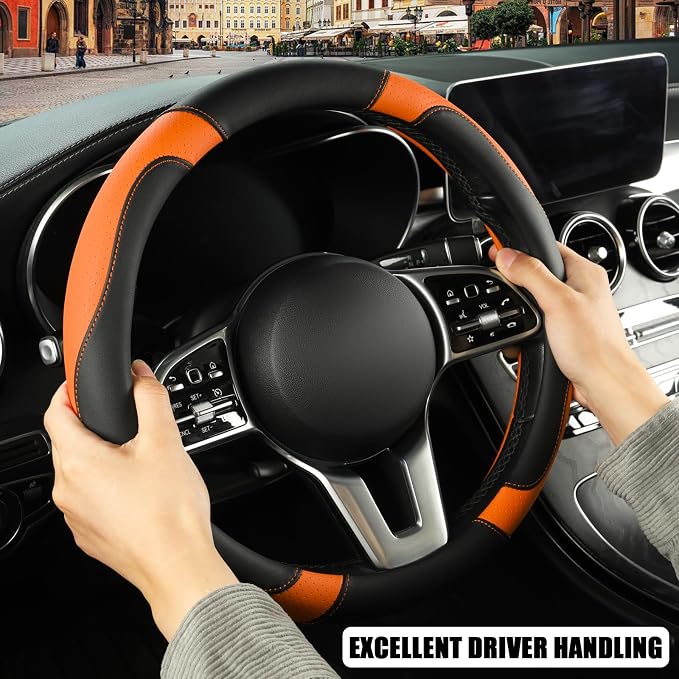 Black Orange Microfiber Leather Steering Wheel Cover 15 inch | Breathable Anti Slip Grip Cool Sporty Look Glow for Women Men