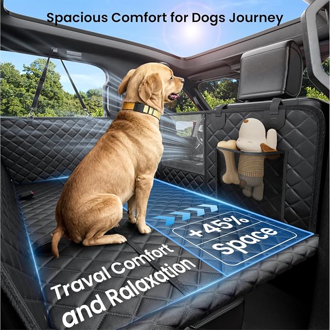 Dog Car Seat Cover for Back Seat, Hard Bottom Dog Hammock, Pet Bed Extender for 2-4 Large/Medium Dogs, Waterproof Seat Protector, Universal L Size Fits for SUV Medium Truck, Black