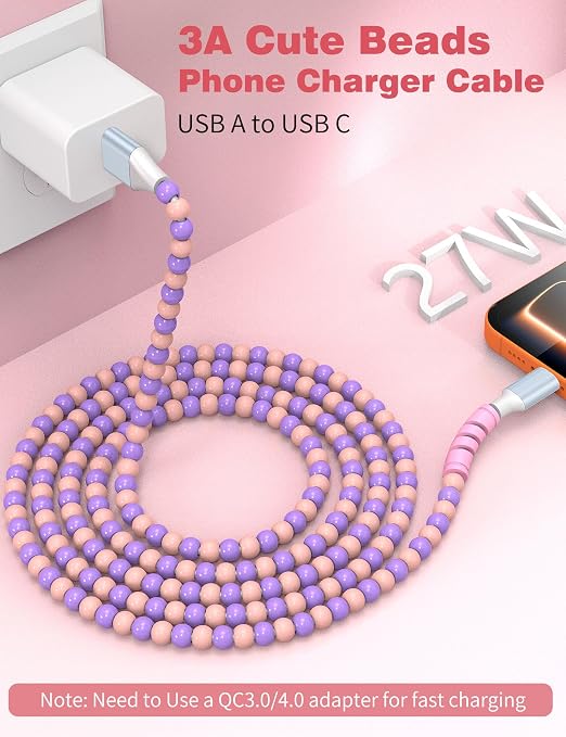 USB A to USB C Cable 6FT,Beaded Charger Cord for iPhone 17 16 Pro Max 16e 15 Car play,TypeC Cute Car Charger Cord for iPad 10 11th A16/Samsung S26 S25 S24 S23 S22/Android Phone Girls Women,Pink Purple