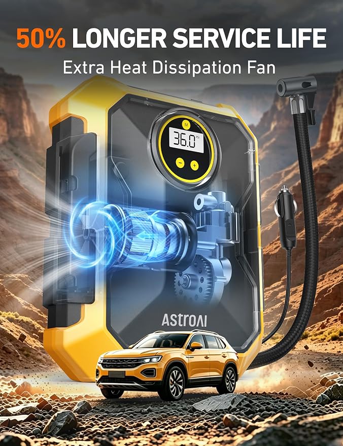 Tire Inflator Portable Air Compressor 12V DC 100PSI, Integrated Storage, Digital Gauge, Auto Shut-Off Fast Inflation LED Light, Air Pump for Car Tires Bike Motorcycle Other Inflatables, Yellow