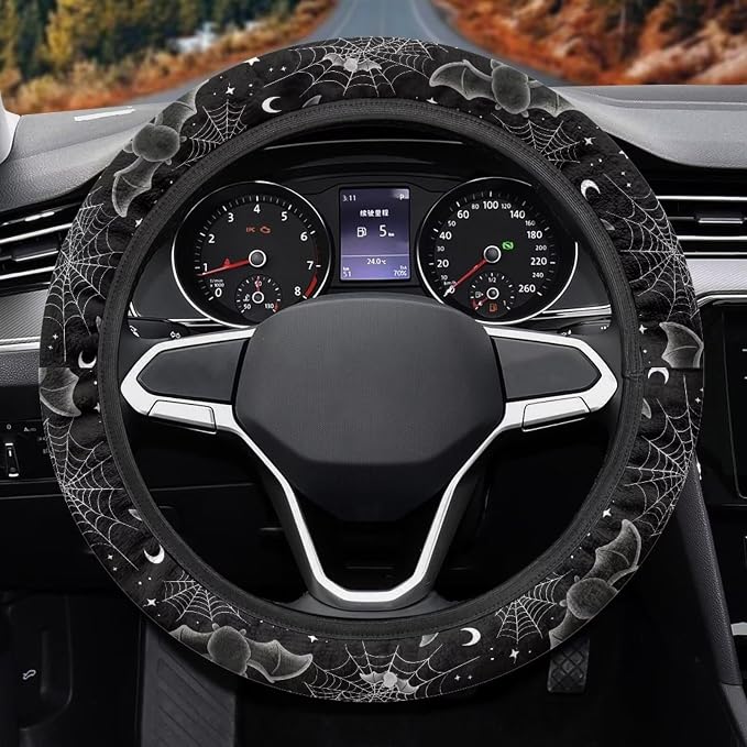 Automotive Steering Wheel Covers for Driver Universal 14 to 15 in | Bat Spider Web Print Steering Wheel Protector with Cloth for Women, Keep Warm Comfort Grip, Sweat Absorption Neoprene