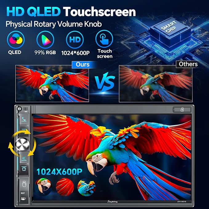 QLED Double Din Car Stereo with Dash Cam & Backup Camera, Wireless Apple CarPlay & Android Auto, Bluetooth, 4.2-Ch 2 Subwoofers Outputs, 7 inch Touchscreen, MirrorLink, FM/AM Radio