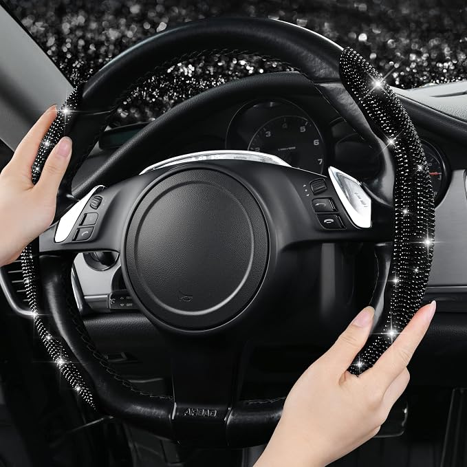 2PCS Bling Diamond Segmented Steering Wheel Cover with Crystal Rhinestones, Wheel Protector Non-Slip Cute Car Accessories Universal Fit D-Shape O-Shape 14.5" to 16" for Women, Black Diamond