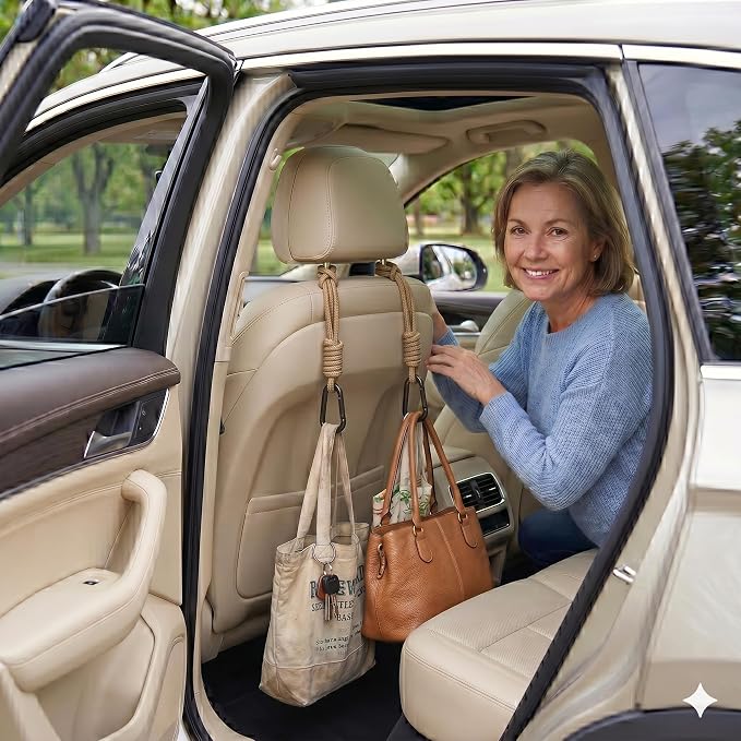 360° Rotating Car Seat Headrest Hooks, Universal Car Organizer Hooks for Bags and Groceries, Brown 2pc