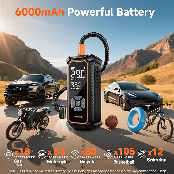 Tire Inflator Portable Air Compressor, Lightning-Fast Inflation, Dual Power - 6000mAh & 12V DC, Cordless Air Pump for Car Tires, Bikes, Motorcycle, Balls with LED & Digital Pressure Gauge