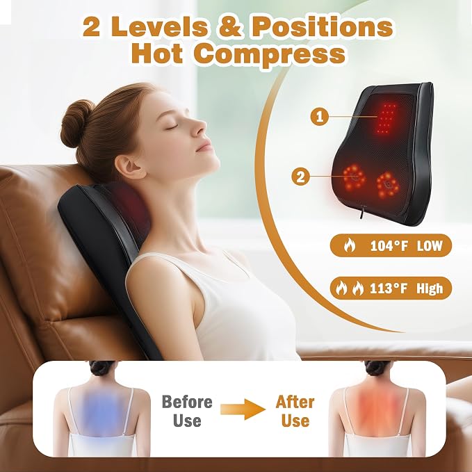 Back Massager with Heat, Shiatsu Chair Cushion for Lower Back | Upper & Lower Back 2-Level Heat, 16 Nodes Bidirectional Deep Kneading, Removable Washable Cover, Universal Fit for Mom, Dad