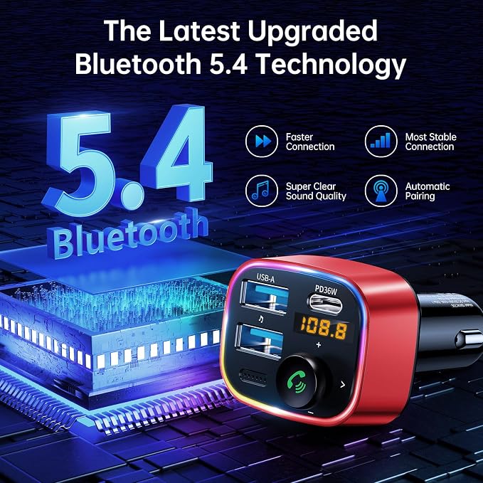 Bluetooth 5.4 FM Transmitter Car Adapter 48W (PD 36W & 12W) [Light Switch] [Hi-Fi Deep Bass] [Fast Charge] Wireless Radio Music Adapter LED Display Hands-Free Calling Support USB Drive, Red