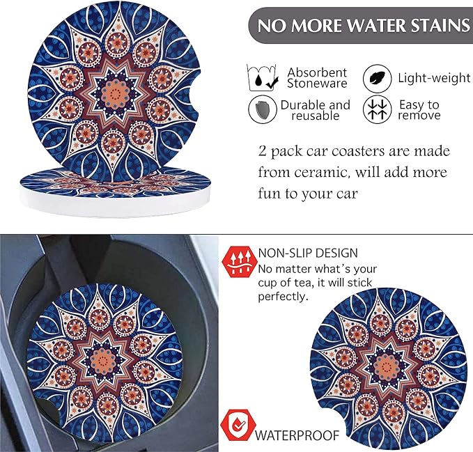 3 Pack Boho Steering Wheel Cover with Car Cup Holder Coasters Universal Baja Hippie Bohemian Style Steering Wheel Covers Cute Car Steering Wheel Cover for Women Girl 15 Inch (Blue)