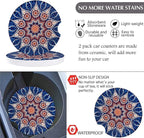 3 Pack Boho Steering Wheel Cover with Car Cup Holder Coasters Universal Baja Hippie Bohemian Style Steering Wheel Covers Cute Car Steering Wheel Cover for Women Girl 15 Inch (Blue)