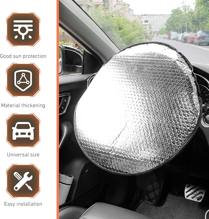 WZP Car Steering Wheel Sun Shade Cover, Aluminum Foil Sun Block Anti-Heat Steering Wheel Cover, Sliver Heat Shield for SUV Truck Van (18.11 x 18.11Inch)