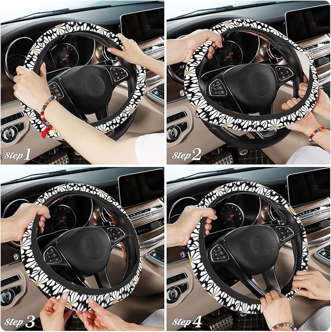 Daisy Steering Wheel Cover for Women Girly,White Daisy Flower 15 Inch Non-Slip Breathable Neoprene Steering Wheel Cover Fit Auto,SUVs,Includes 2 PCS Cup Coasters