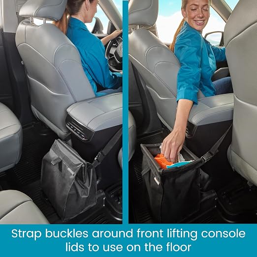 TrashStash Hanging Car Garbage Bag with Push-Close Lid and Waterproof Bin for Car, SUV and Truck Seat Backs - Holds 3 Gallons of Car Trash (Black)