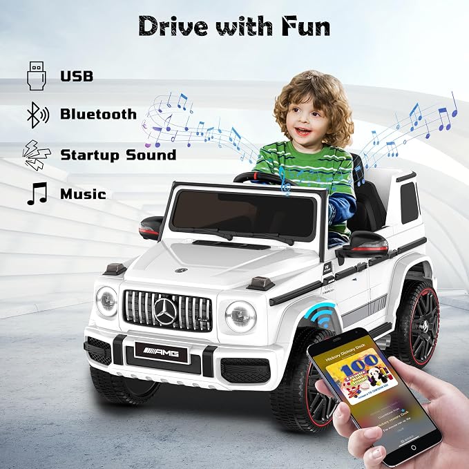 Licensed Mercedes-Benz G63 Car for Kids, 12V 7AH Ride on Car w/Parent Remote Control, LED Headlights, Music Player & Horn, Soft Start, Low Battery Prompt, Kids Electric Car (Ivory White)