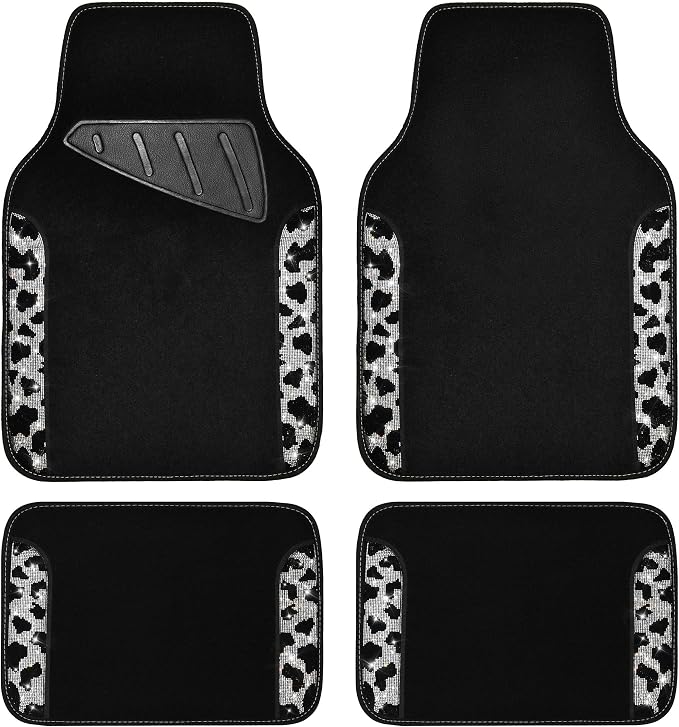Bling Cow Car Mats Rhinestones Diamond Waterproof Floor Mat Crystal Sparkly Shining Glitter Carpet Anti-Slip PVC Heel Pad, Universal Fit Automotive SUV,Sedan,4pcs Girly Women, Cow Diamond