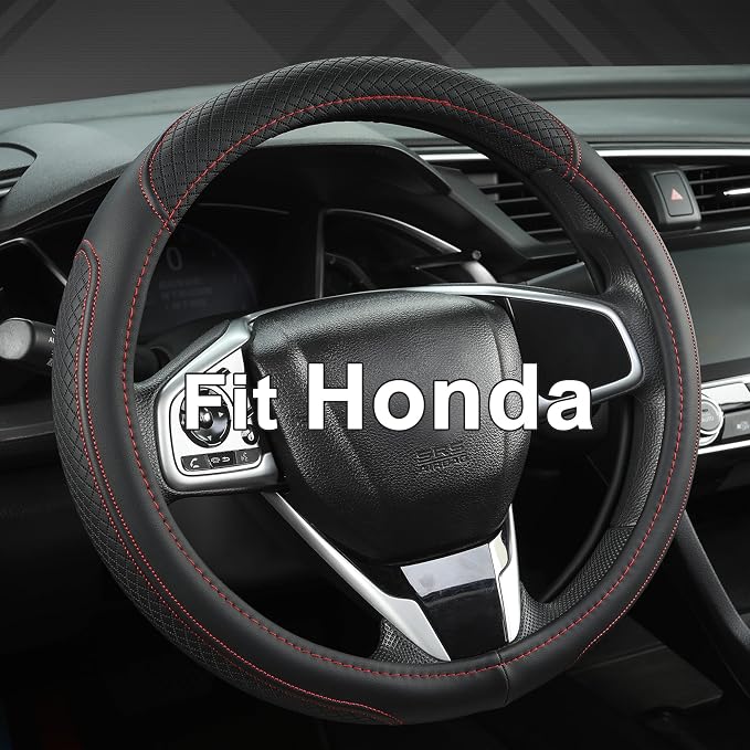 Customized Auto Car Steering Wheel Cover for Honda Accord Civic CR-V HR-V Pilot Fit Passport Odyssey 14.5-15inch(Black+Red Line-Standard Size)