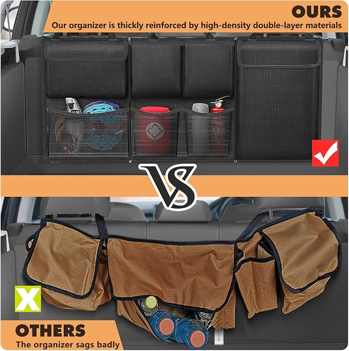Car Trunk Organizer and Storage, Detachable Seat Back Hanging Organizers Storage with Zippers, Large Capacity Car Accessories Interior for Jeeps, SUVs, Vans (Black)