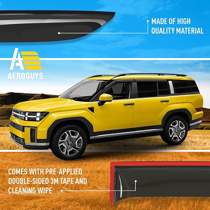Extra Durable Window Deflectors Tape-On Window Visors Rain Guards Fit for Hyundai Santa Fe 2024-2026, Sun Visors, Wind Vent for Shades, Exterior Car Accessories - 4 pcs. AG0997