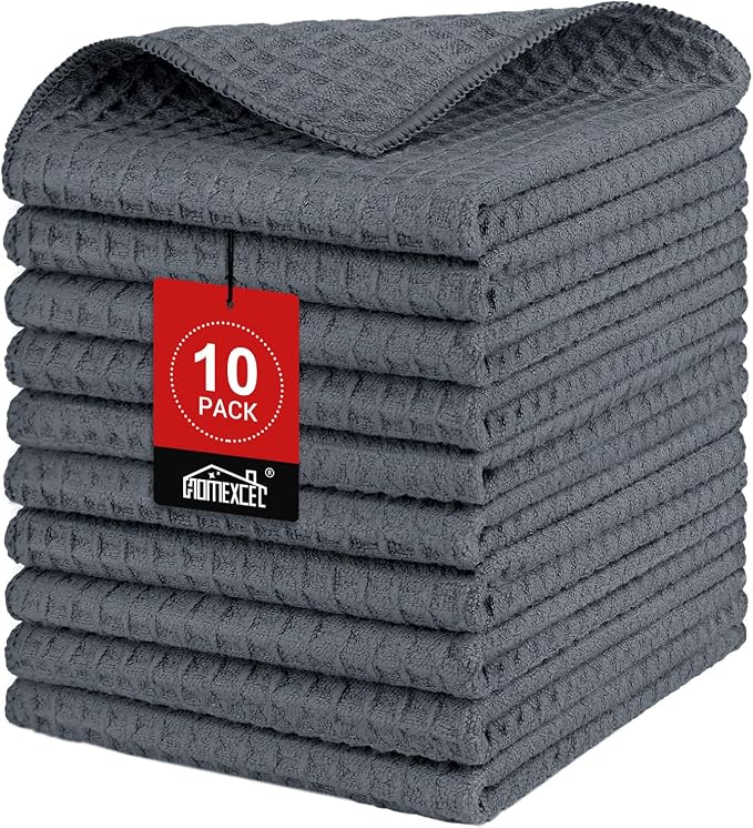 Waffle Weave Microfiber Towel, 10 Pack Lint Free Cleaning Rags, 12 x 12 Inches Barista Towels, Reusable Microfiber Cleaning Cloth for Household, Kitchen, Glass and Window, Grey