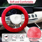 3 PCS Fluffy Steering Wheel Cover Set, 15'' Furry Car Wheel Cover, 2 Seat Belt Shoulder Pads, Anti-Slip Fur Steering Wheel Cover, Winter Warm Fluffy Car Accessories for Women, Red