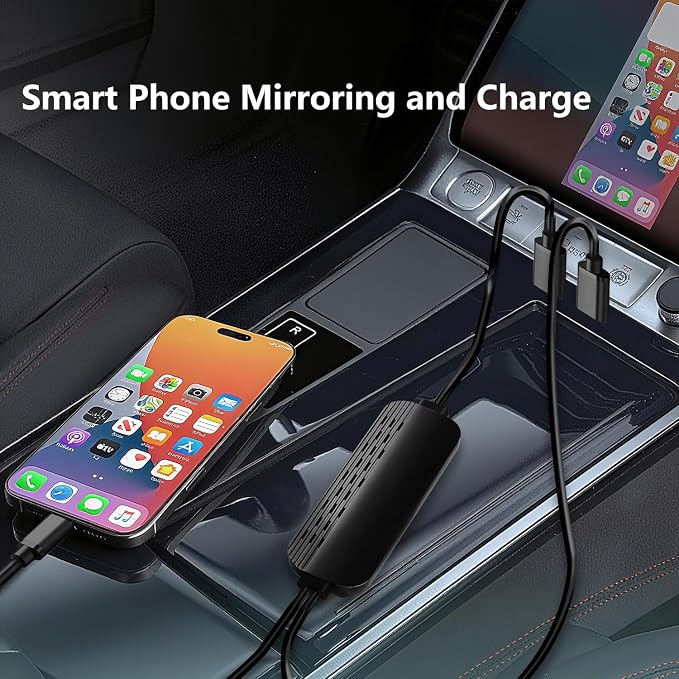 Car Screen Mirroring Adapter with Wireless CarPlay - Supports Watching Any App (YouTube, Net-flix, TikTok, etc.), Siri Control & Phone Charging, Compatible with Factory-CarPlay Equipped Vehicles.