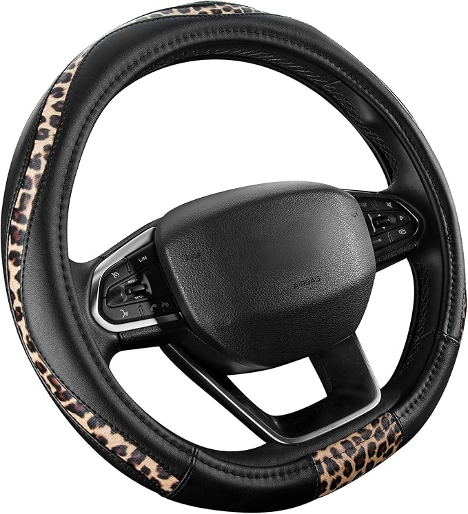 Steering Wheel Cover - Flat Bottom Wheel Cover Made with PVC Leather and Leopard Fabric - Universal Fit for 15-Inch D-Shaped Automotive Steering Wheels (Black Color)