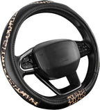 Steering Wheel Cover - Flat Bottom Wheel Cover Made with PVC Leather and Leopard Fabric - Universal Fit for 15-Inch D-Shaped Automotive Steering Wheels (Black Color)