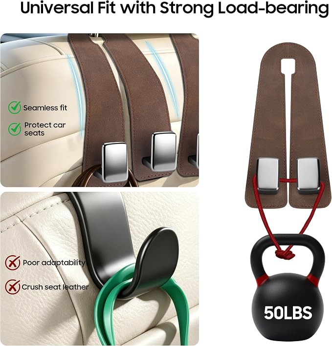 Car Headrest Hooks, Premium Suede with Metal Car Seat Back Storage Hooks for Handbag Coats Umbrella Backpack - 4 Pack, Brown
