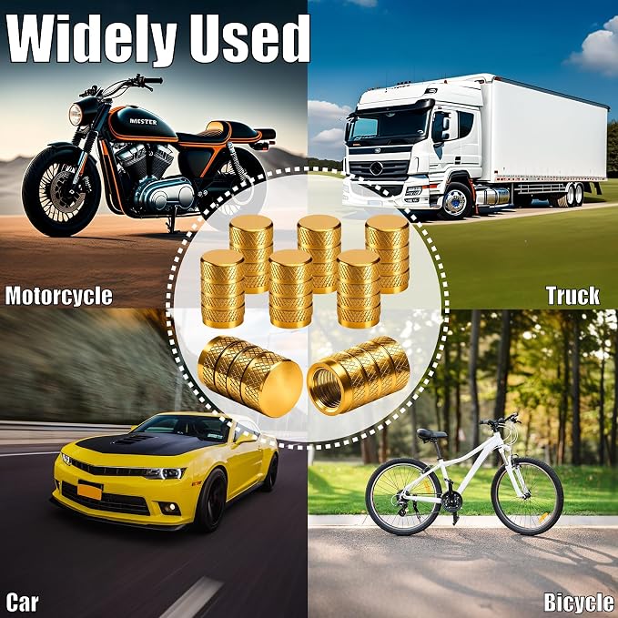 12PCS Tire Valve Stem Caps, Dust Proof, Anodized Aluminum Universal Tire Valve Stem Covers for Cars, SUV, Trucks, Bikes, Motorcycles, Bicycles(Gold)