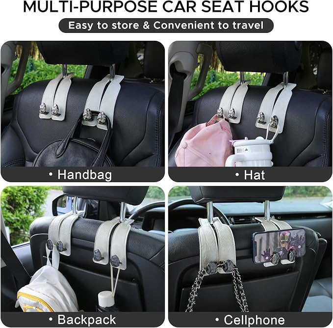 Leather Car Purse Hook for Headrest, 4 Pack, White-Black | Twin Hooks Headrest Hangers, 2/4 Pack, No-Slip, Scratch-Proof, Holds Purses, Backpacks, Grocery Bags, Car Organizer Gift