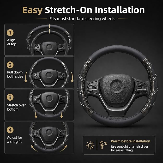 Sport Leather Steering Wheel Cover 14 1/2 inch to 15 inch Universal, Padded Soft Grip Breathable for Car Truck SUV Jeep, Anti Slip Odorless Carbon Fiber Black