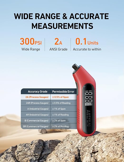 Digital Tire Pressure Gauge 3-300PSI Calibrated to ANSI B40.7 Grade 2A (0.5%), Backlight and Flashlight, Presta Valve Adaptor Included, 4 Units, AAA Batteries, Red, 2Pack